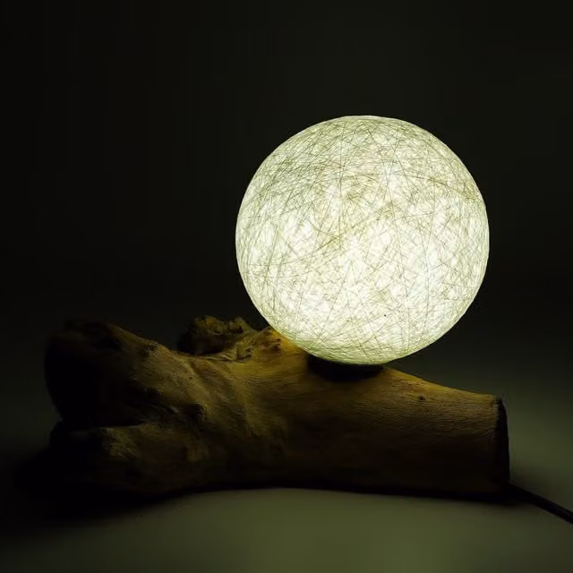 DriftGlow Cotton Luna Ivory Tabletop Lamp with Natural Driftwood and Warm White LED Bulb