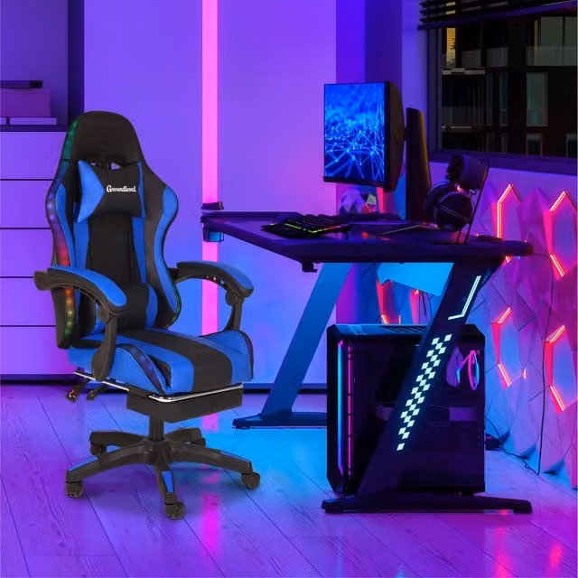 Groundlevel Blue Synthetic Leather Sporty Gaming Chair with Armrests and Castors