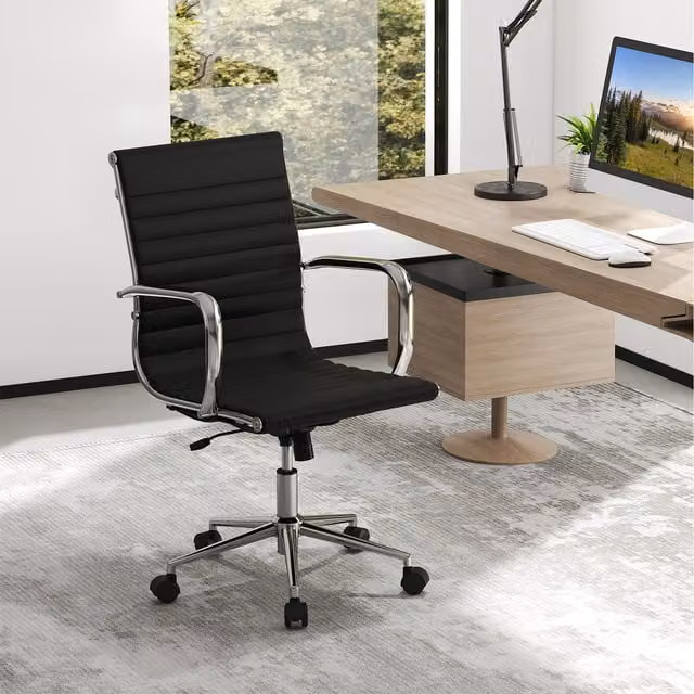 Costway Modern Black Synthetic Leather Swivel Executive Office Chair with Armrests and Castors