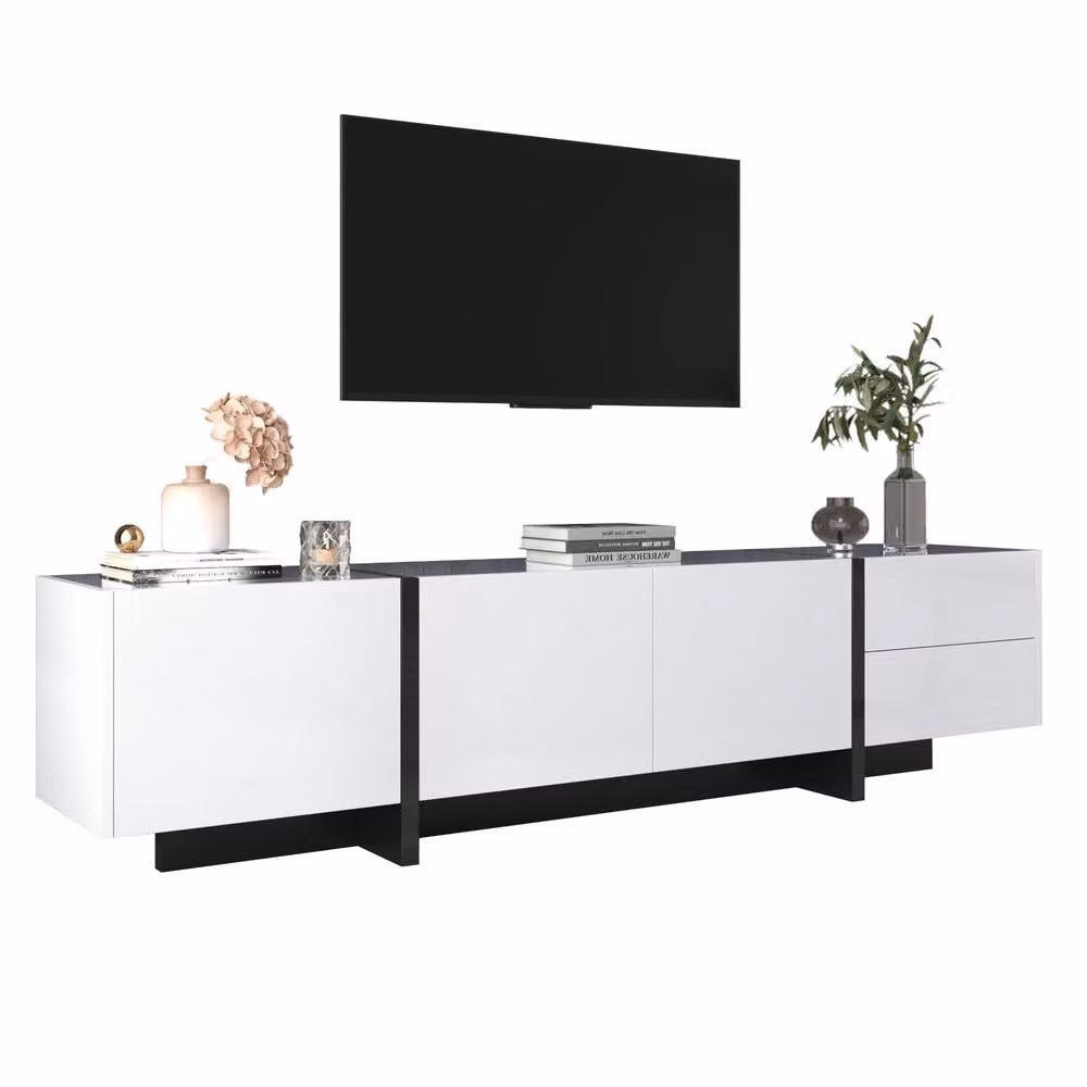 BTM High-Gloss Modern TV Stand in White, Black and Multicolour with Doors and Drawers, W/D/H: 190.0 x 45.0 x 41.05 cm – 2