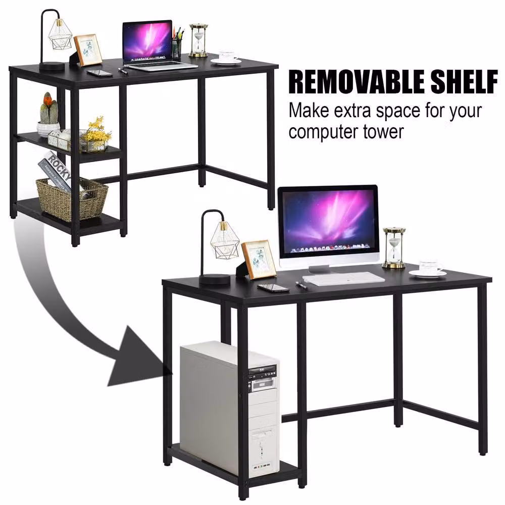 Costway Industrial Computer Desk with Storage Shelves, Black, W: 120 cm, D: 60 cm – 6