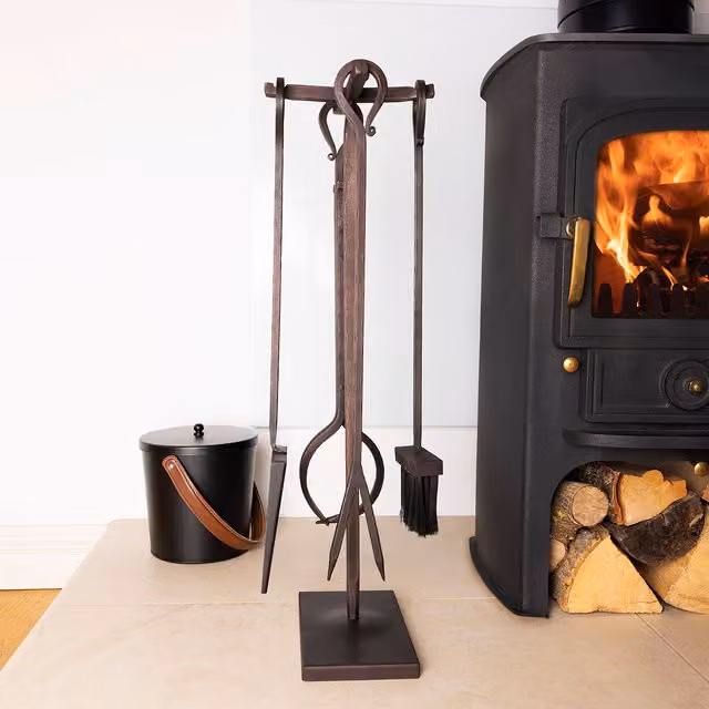 Charles Bentley Maple Fireside Companion Set in Black Iron with Traditional Tool Stand, Tongs and Poker