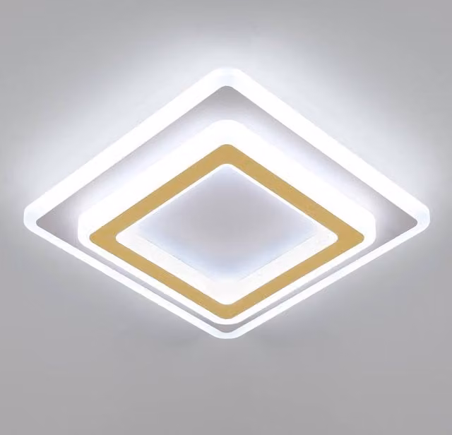 Pheashine Bright Square LED Ceiling Light, 44W, 6500K Cool White, White and Gold/Brass, W/D/H: 29 x 29 x 5.5 cm