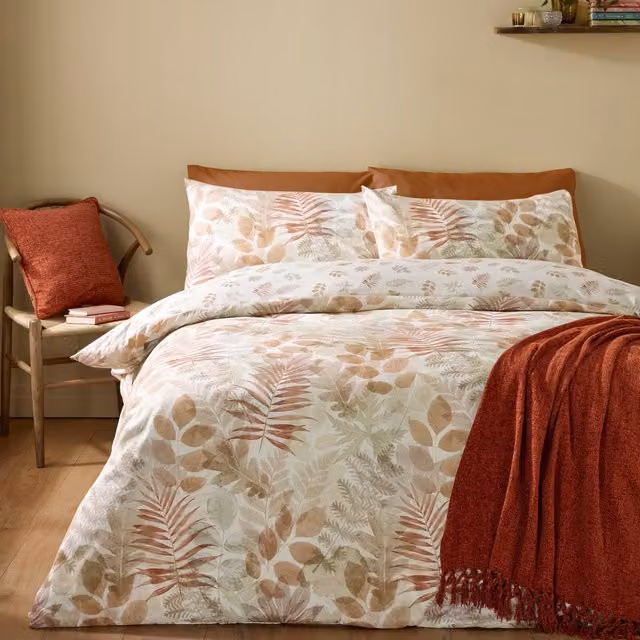 Catherine Lansfield Autumn Leaves Reversible Microfibre Duvet Cover Bedding Set in Beige and Multicolour