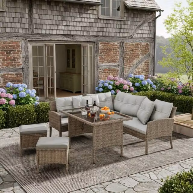 Merax 6-7 Seater Rattan Garden Corner Sofa Set with Table and 2 Stools in Beige