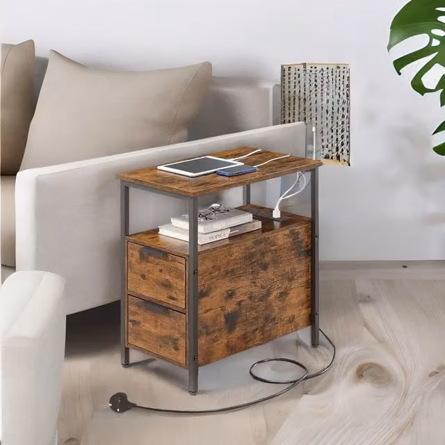 FURNOS Slim Bedside Table with Power and USB Outlets in Brown – 1