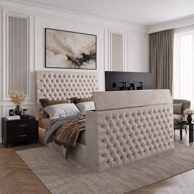 KDMD Ansford Upholstered Soft Velvet TV Bed Frame in Light Sand, Super King, W/D/H: 200 x 152 x 189 cm – 1