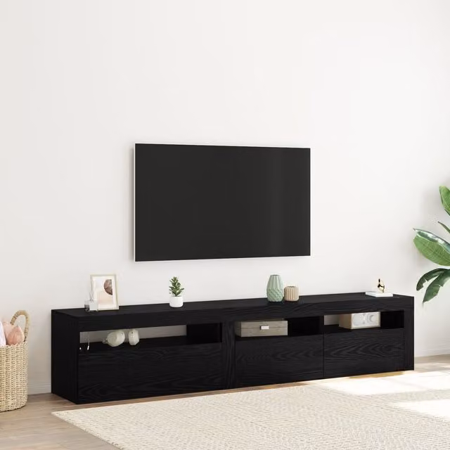 Berkfield Home Set of 2 Modern Black Oak TV Cabinets with LED Lights in Matt Engineered Wood – 1