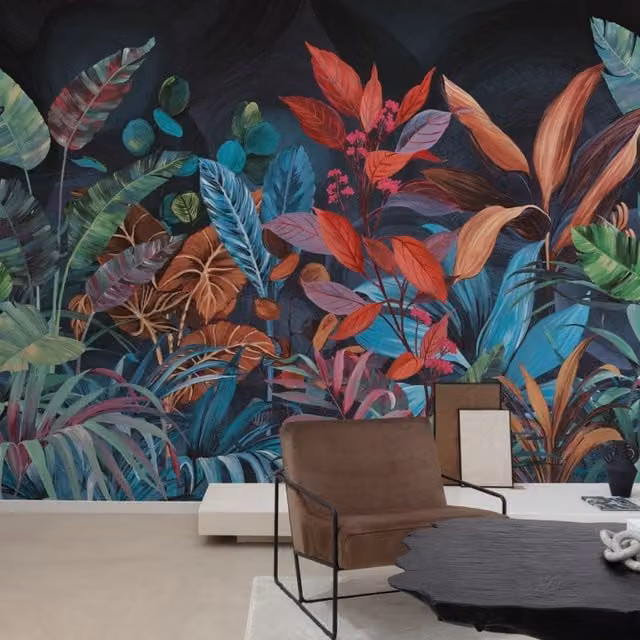 Grandeco Boutique Belize Jungle 5 Lane Repeatable Wallpaper Mural in Black and Multicolour