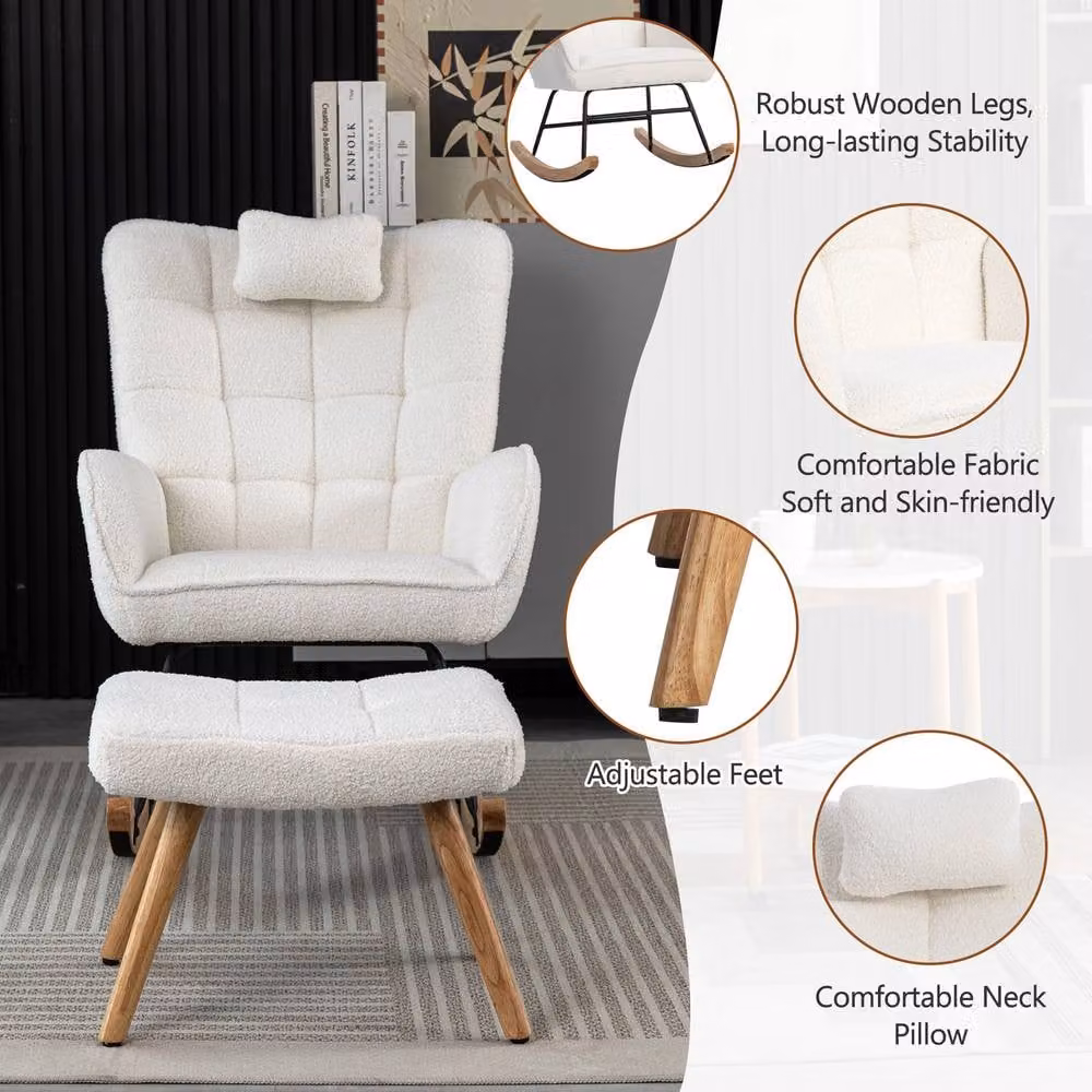 Matteo White Fabric Rocking Chair with Ottoman and Neck Pillow – 3