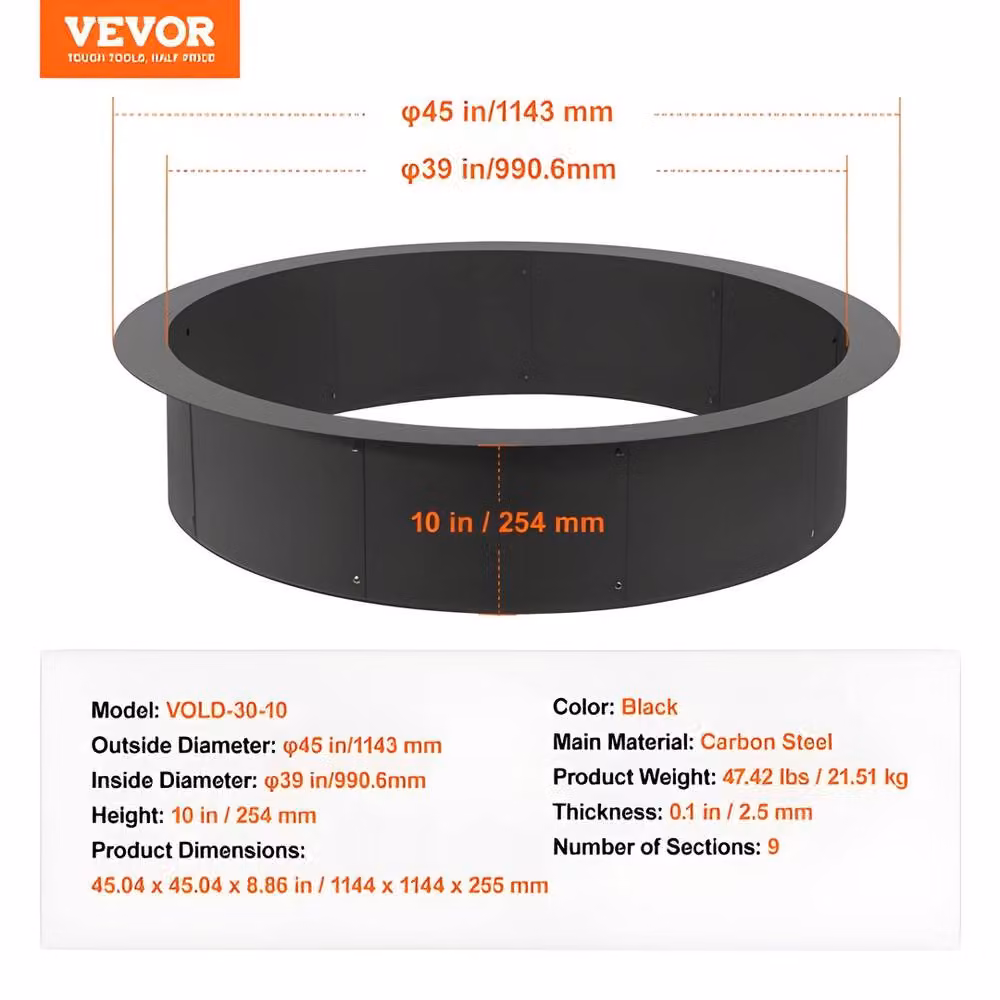 VEVOR Heavy-Duty 9-Section Q235 Carbon Steel Fire Pit Ring in Black, W/D/H: 114.3 x 114.3 x 25.4 cm – 3
