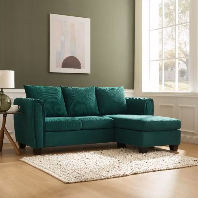 Home Detail Helana 3 Seater Reversible L-Shape Chaise Sofa in Green Cord Fabric