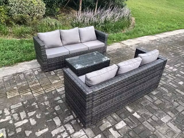 Fimous 6 Seater Rattan Garden Furniture Set with Upholstered Sofa and Coffee Table in Grey