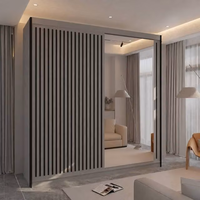 Sliding Wardrobes 4U Ronni Modern Sliding Door Wardrobe in Taupe with Mirror, W: 150 cm, H: 217 cm