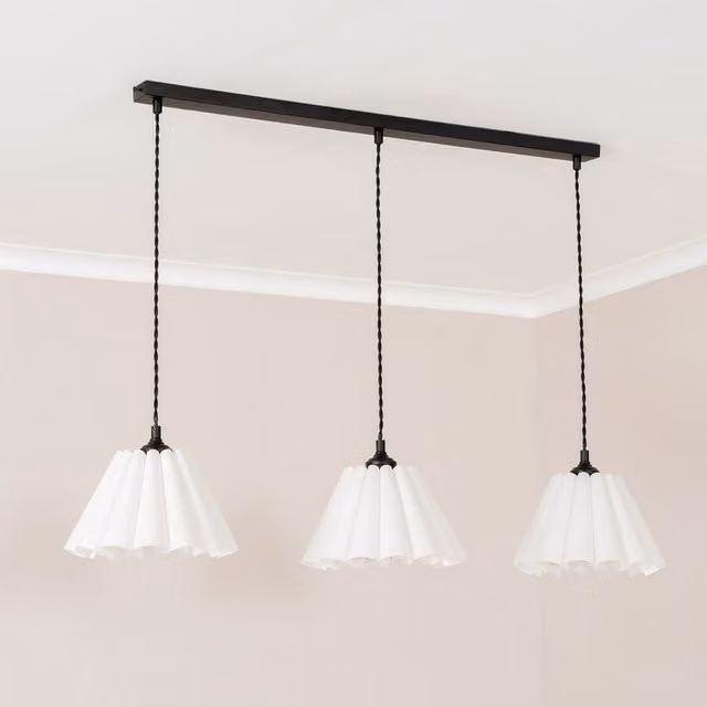 ValueLights Lauren 3 Drop Bar Ceiling Pendant Light with White Pleated Fabric Shades and Matte Black Metal Finish