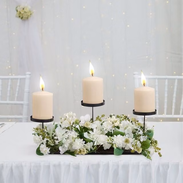 Lifeideas White Metal Pillar Candlesticks with Artificial Floral Decor and Light String for Wedding and Anniversary Tabletop Decoration