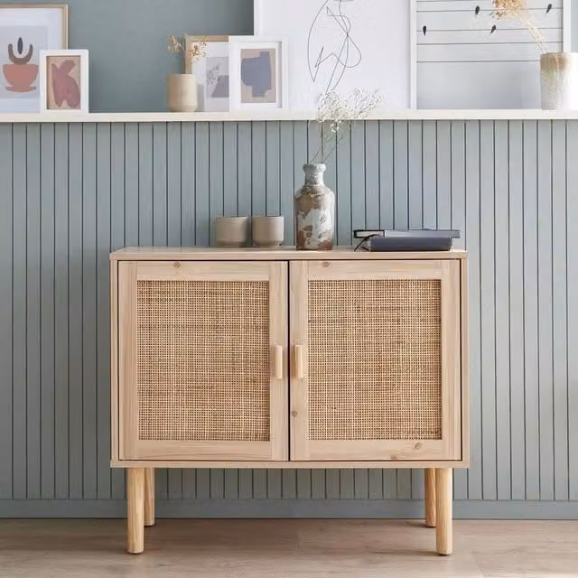 Sweekeek Vintage 2-Door Cabinet with Wood and Rattan Decor in Light Brown, W: 80 cm, H: 80 cm, D: 40 cm