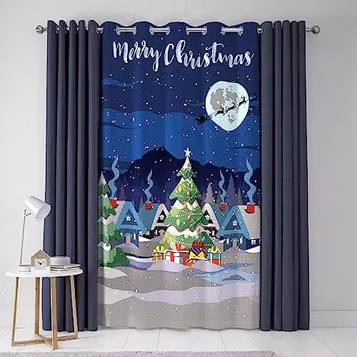 Bedlam Glow in the Dark Christmas Scene Eyelet Fabric Curtain, Multicolour, W: 138 cm, H: 214 cm – 1