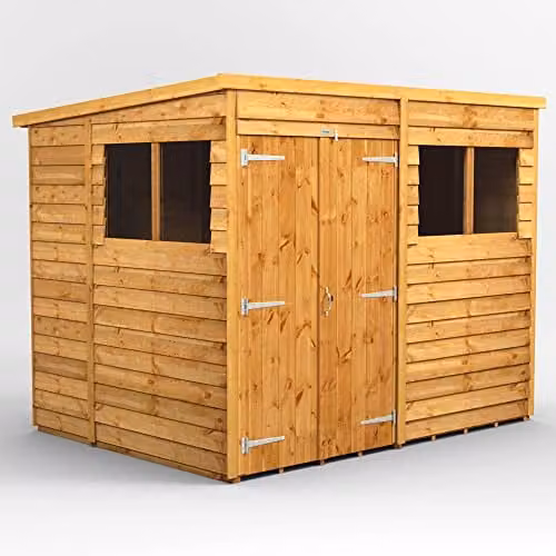 Powersheds Premium Pent Overlap Wooden Shed in Brown with Double Doors and Floor, W: 251.6 cm, D: 202.8 cm, H: 190.8 cm