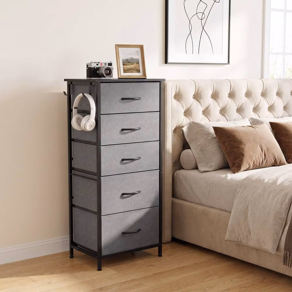 HOMCOM 5 Drawer Fabric Chest of Drawers in Charcoal Grey – 2