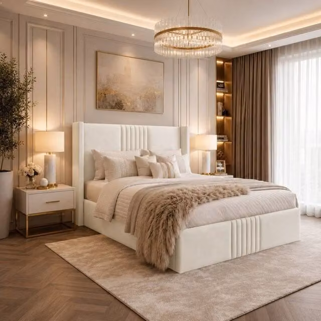 Desire Deco Brookes Wingback Ottoman Storage Bed Frame in Beige Plush Velvet, W/D/H: 140 x 200 cm
