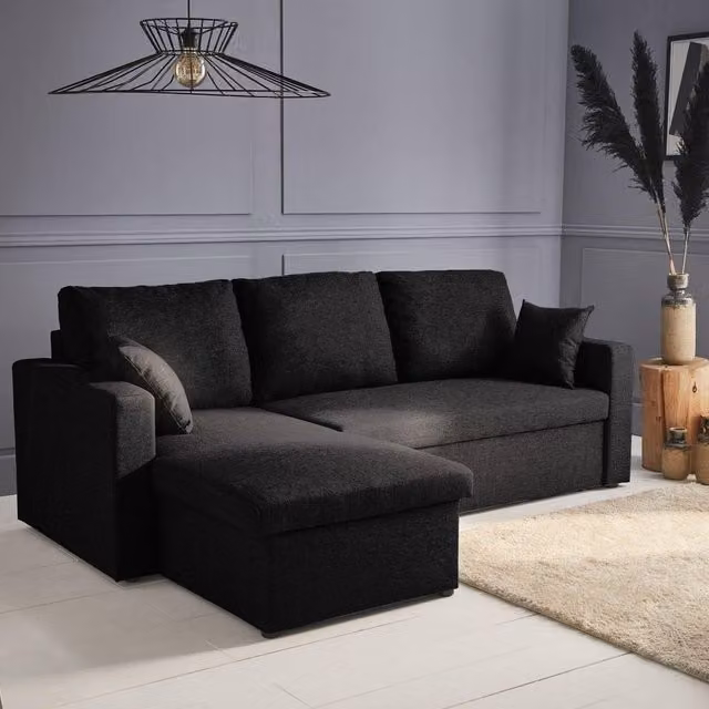 sweeek 3-Seater Reversible Corner Sofa Bed with Storage in Black – 1