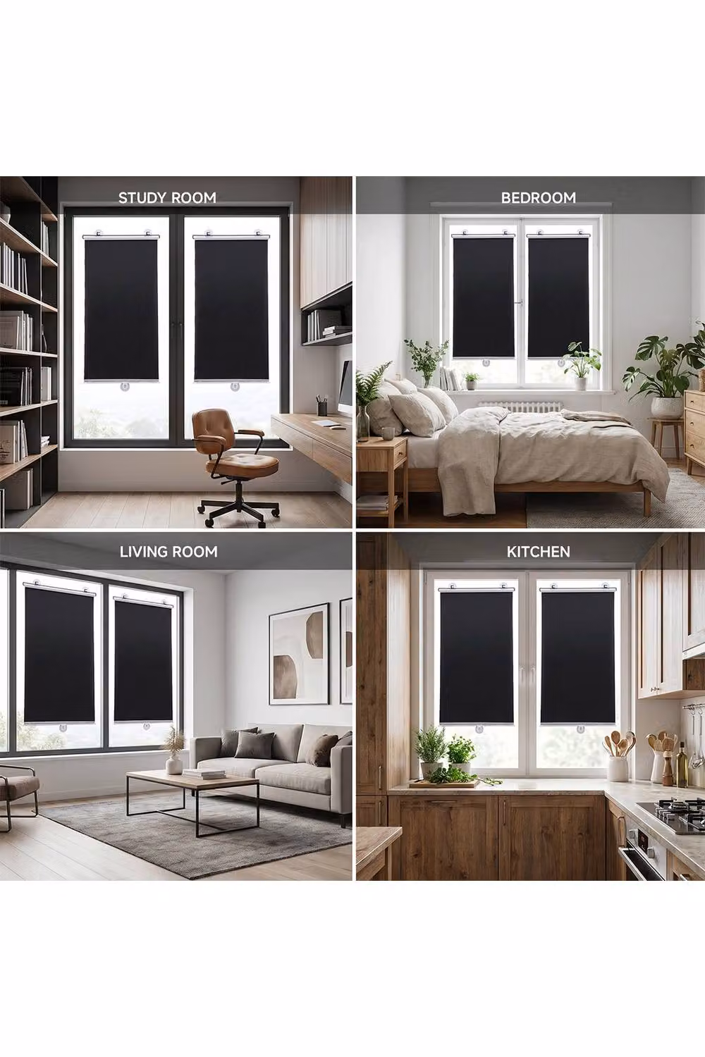 Living and Home Set of 2 Blackout Roller Blinds in Black, Thermal Insulating, H 125 cm x W 60 cm – 2