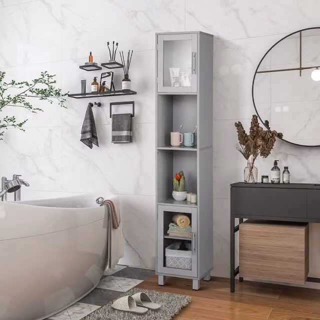 Costway Slim Freestanding Tall Bathroom Storage Cabinet with 2 Glass Doors in Grey – 1