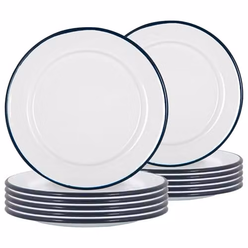 Argon Tableware Enamel Side Plates, Set of 12, Blue and White, Diameter: 20 cm