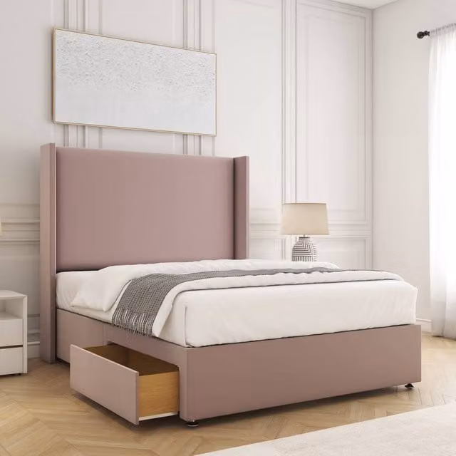 BSSPOKE Austin Small Double Divan Bed Set with 2 Drawers, Plush Velvet Headboard and Mattress in Pink, W/D/H: 120 x 200 cm