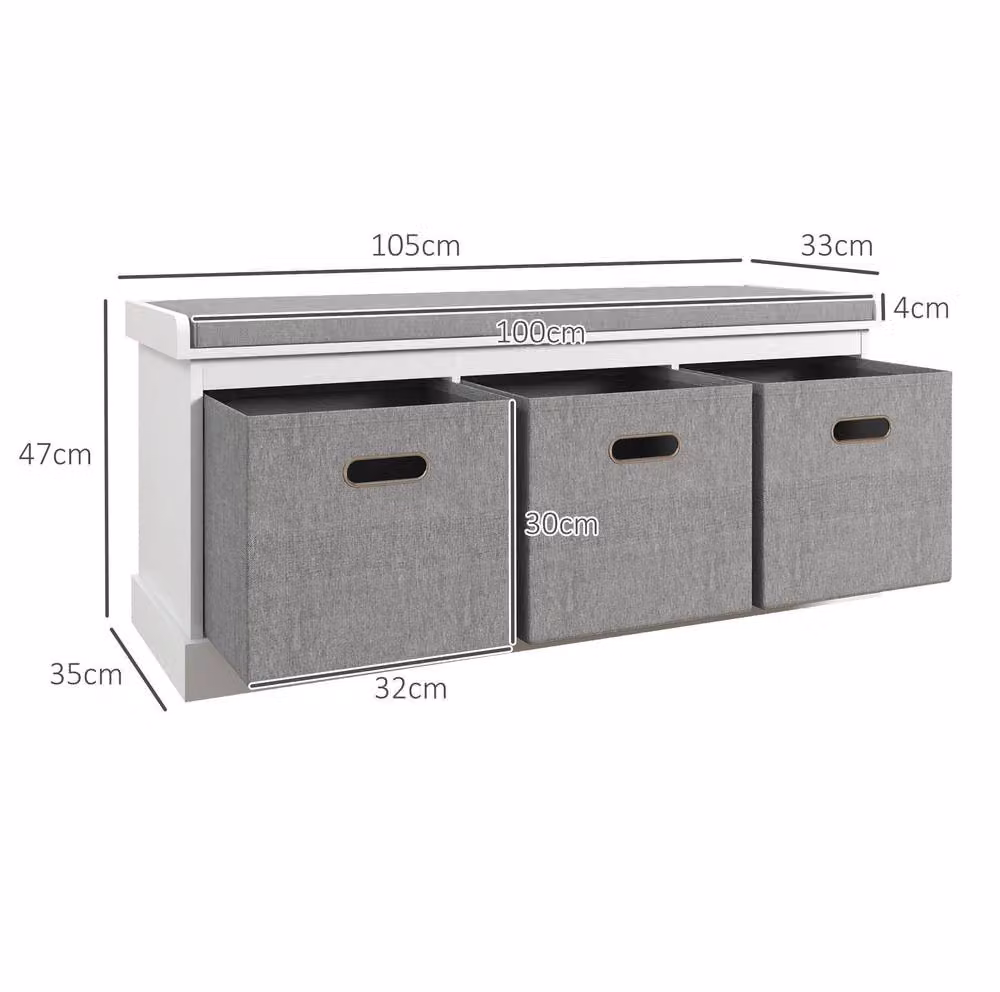 STILVORA Shoe Storage Bench with 3 Drawers and Padded Fabric Seat in White – 2