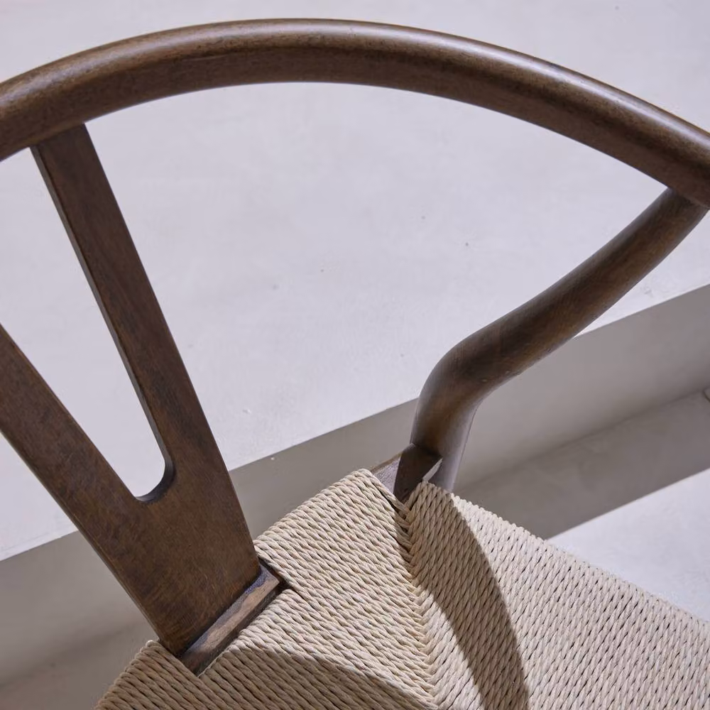 Sweek Pair of Brown Beech Wood Dining Chairs with Rope Seats and Armrests – 3
