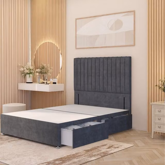 Somnior Beds Ltd Verona Divan Bed Base with Floor Standing Headboard in Anthracite Grey Plush Velvet with 2 Drawers, W/D/H: 90 x 190 cm