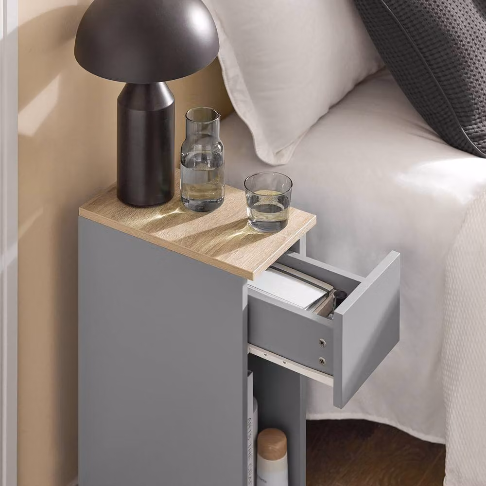 SoBuy Set of 2 Modern Slim Bedside Tables in Grey with Open Shelf and Drawer – 4