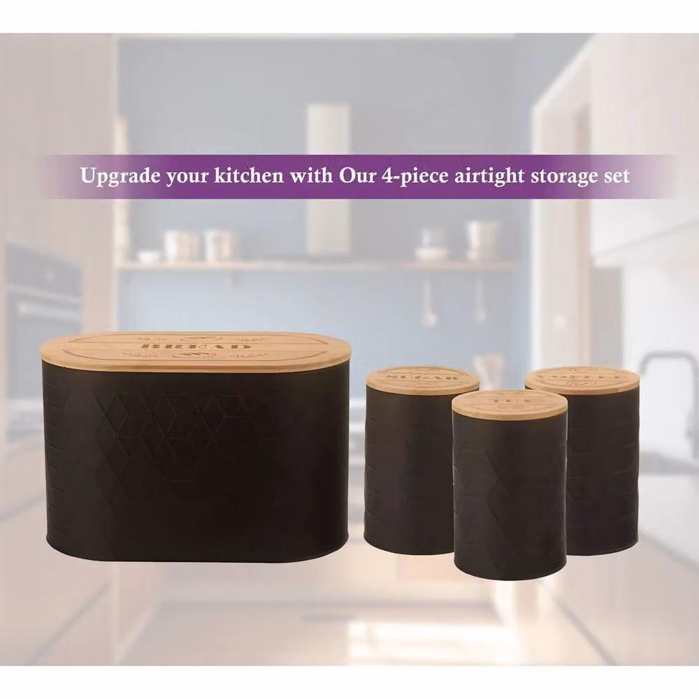 FLAVORA 4-Piece Airtight Bread Bin and Tea, Coffee and Sugar Canister Set in Black – 3