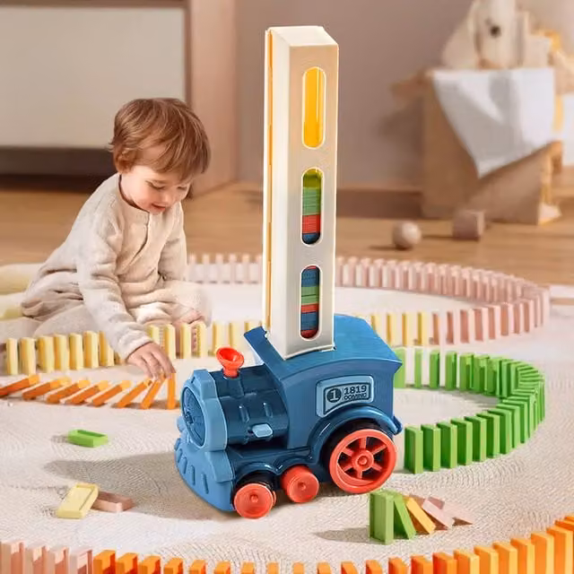 Komore Automatic Domino Laying Train Toy with Light, Blue