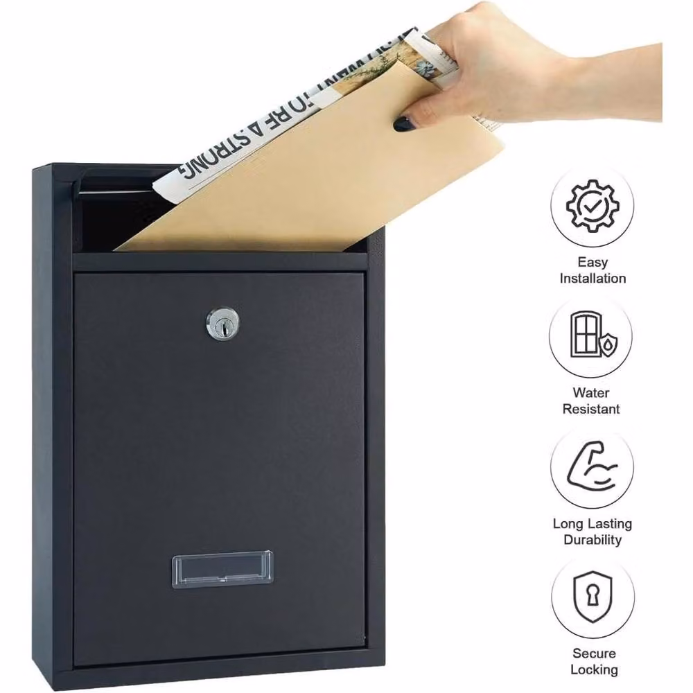 MANTRARAJ Wall Mounted Modern Steel Post Box in Black, H 32 cm x W 21.5 cm x D 9 cm – 3