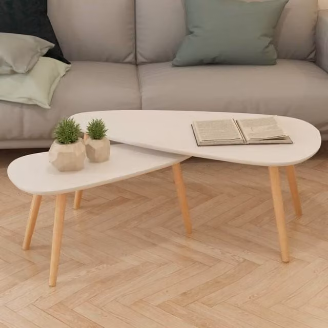 Berkfield Home 2 Piece White Scandinavian Nesting Coffee Table Set with Oval Pinewood Tops – 1