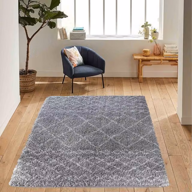 Desire Rugs Grey Moroccan Berber Shaggy Boho Diamond Design Rectangular Polypropylene Rug W: 160 cm, L: 230 cm