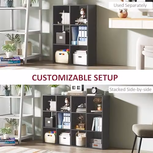 HOMCOM Modern 6-Cube Freestanding 3-Tier Bookshelf in Black, H 91.5 x W 61.5 x D 29.5 cm – 3
