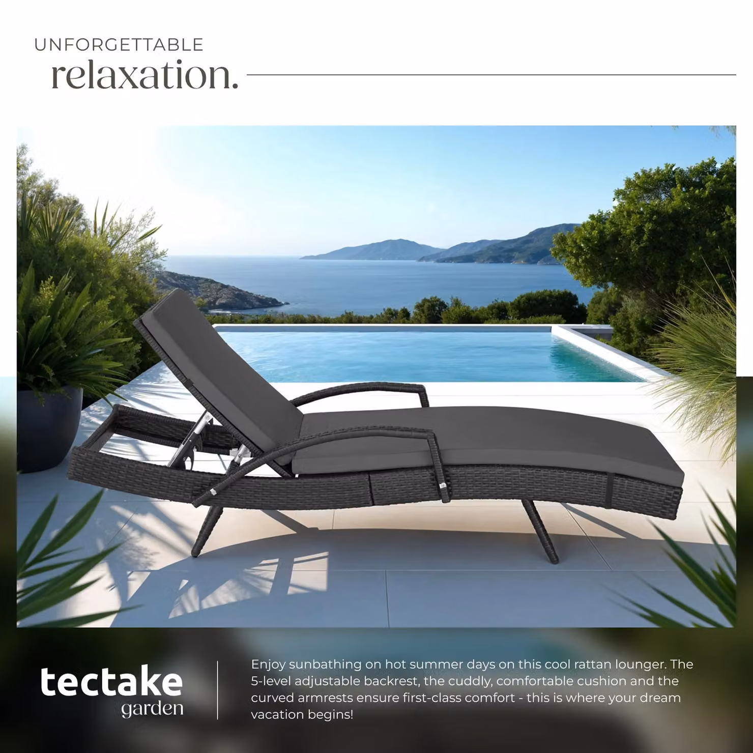 tectake Océane 1 Seater Aluminium Rattan Sun Lounger in Black and Grey with Adjustable Headrest – 4