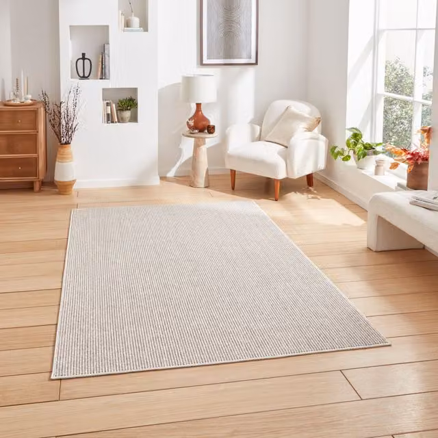Terrys Modern Rectangular Multi Textured Pile Polyester Rug in White and Brown