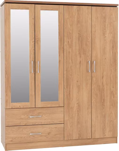 Seconique Charles 4 Door 2 Drawer Mirrored Wardrobe in Brown Oak Effect