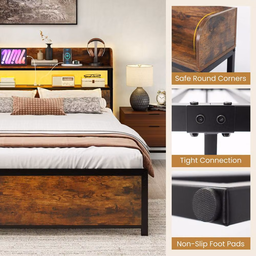 Costway Double Bed Frame in Brown with LED Lights, USB Charging Ports and Headboard, W/D/H: 140 x 200 cm – 6