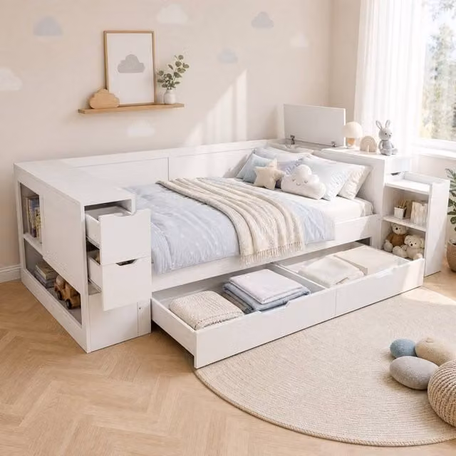 STILVORA Modern Double Bed Frame with Drawers and Bedside Shelf, White, W: 135 cm, D: 190 cm, H: 60 cm – 1