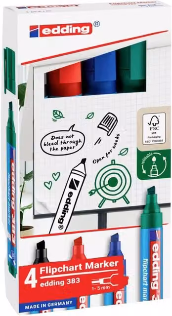 Edding 383 Chisel Tip Flipchart Markers, Multicolour Pack of 4
