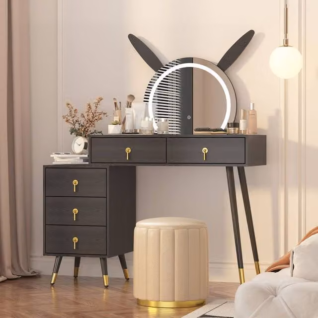 KEEPREAPER Modern Dressing Table with LED Mirror and 5 Drawers in Black with Metal Legs