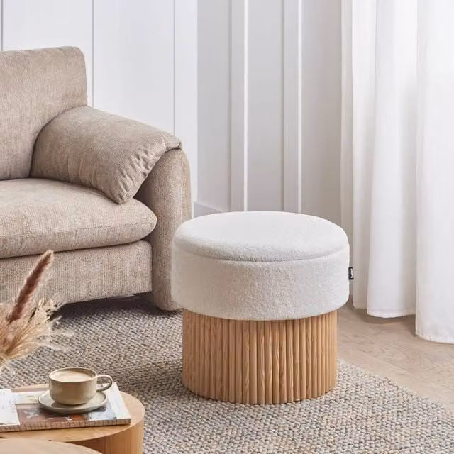 Wyld and Coco Off-White Bouclé Storage Pouffe with Oiled Wood Base – 1