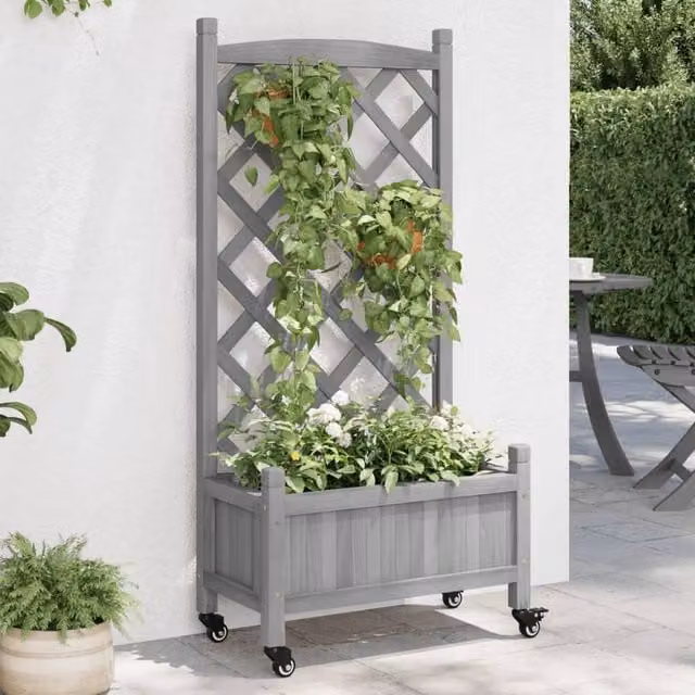Berkfield Home Grey Solid Fir Wood Planter with Trellis and Wheels – 1
