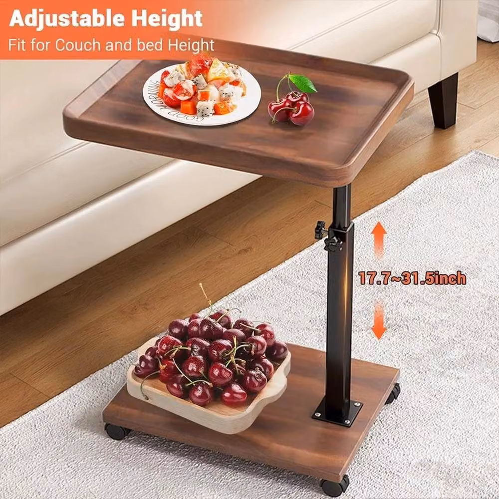 VOGREX Adjustable Height C-Shaped Swivel Side Table with Wheels, Brown – 2